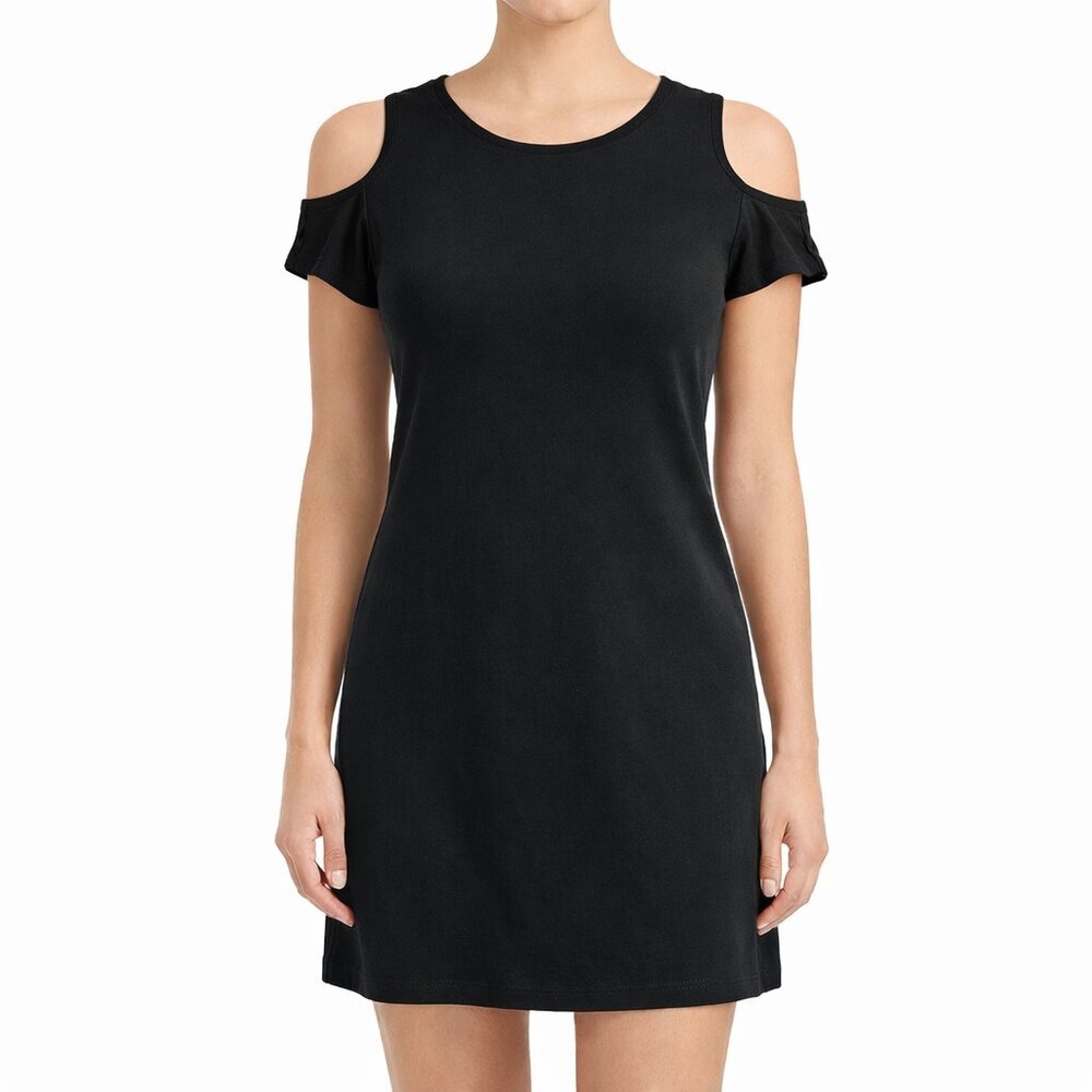 1.STATE Black Cold Shoulder Short Sleeve Dress Medium Stretch Knit